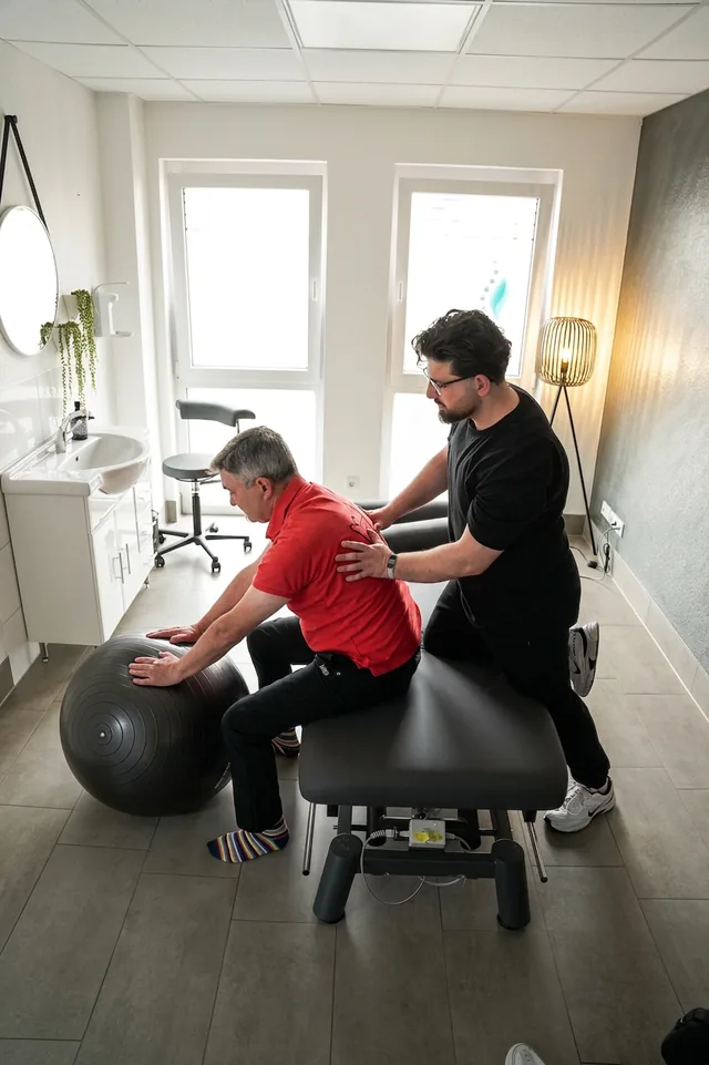 Blick in einen Behandlungsraum: eine Übung im Sitzen mit Gymnastikball, daneben Waschbecken und Fenster